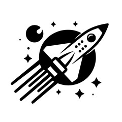 Graphic Black and White Rocket Launching Through Space with Stars and Planet. Minimalist Style Illustration for Sci-Fi, Adventure, or Startup Concept.