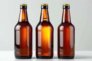 Three cold brown beer bottles stand side by side on a white background, with condensation visible on the glass.