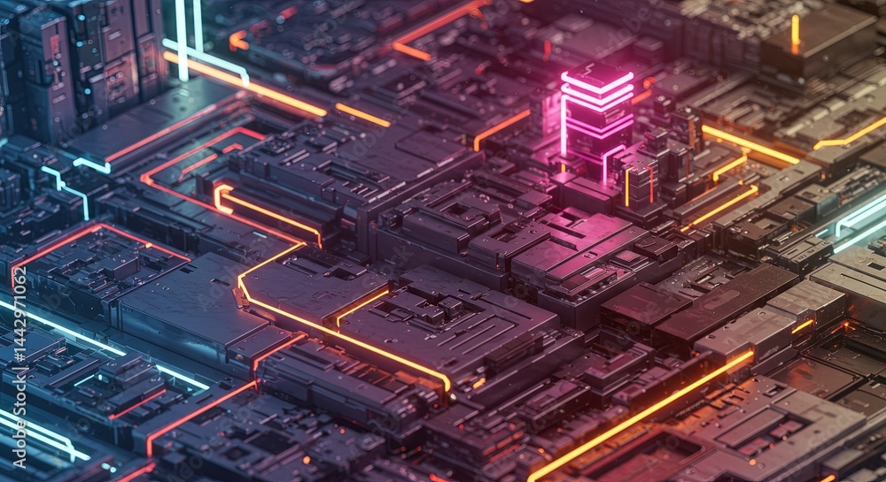 Poster A computer chip with neon lights on it