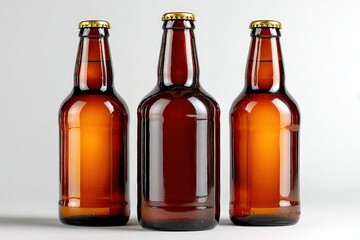 Three brown glass beer bottles with golden caps are arranged side by side on a plain light background.