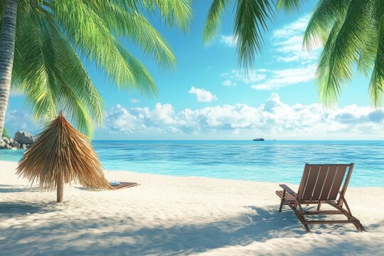 Tropical beach scene with chaise lounge and tiki hut Sunny day