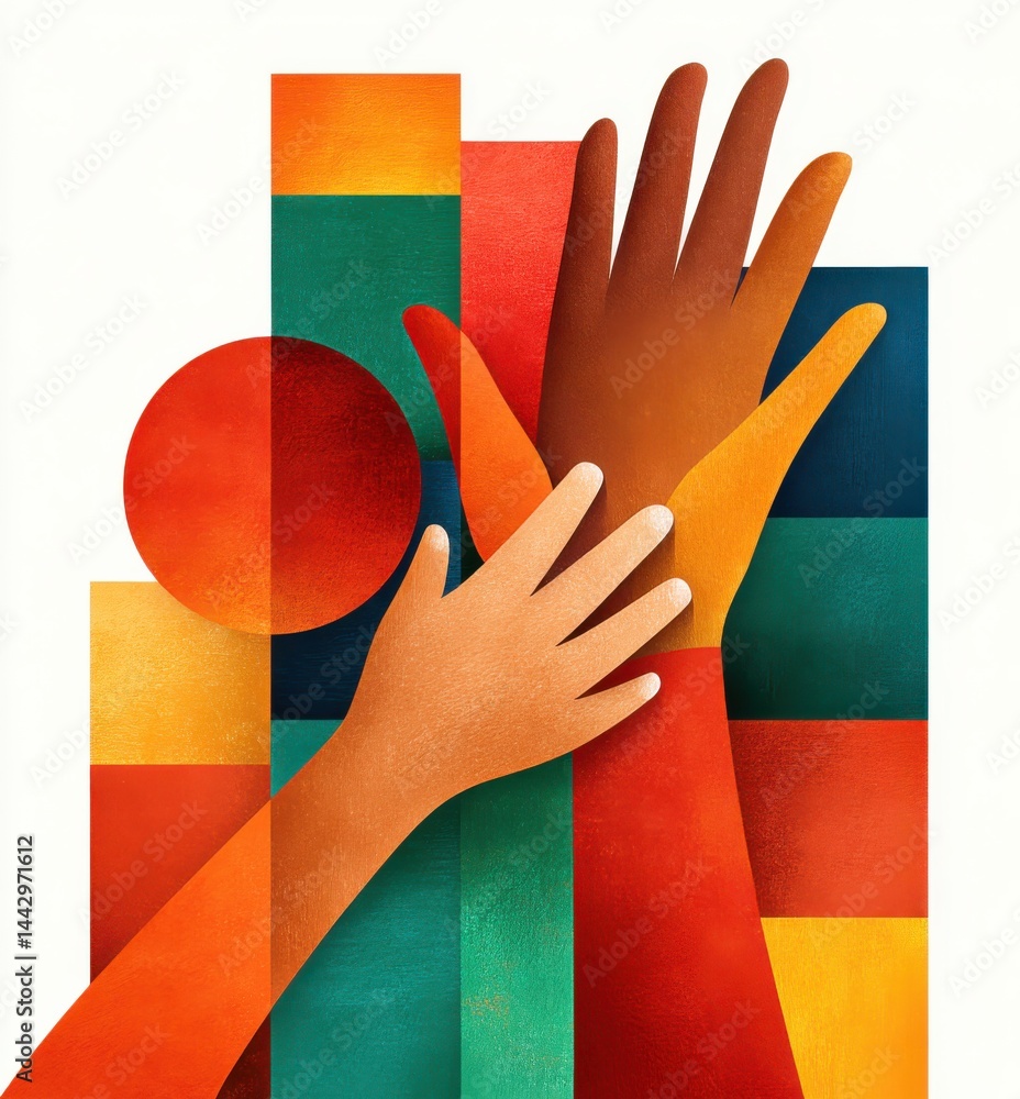 Poster abstract depiction of two hands with colorful geometric background design