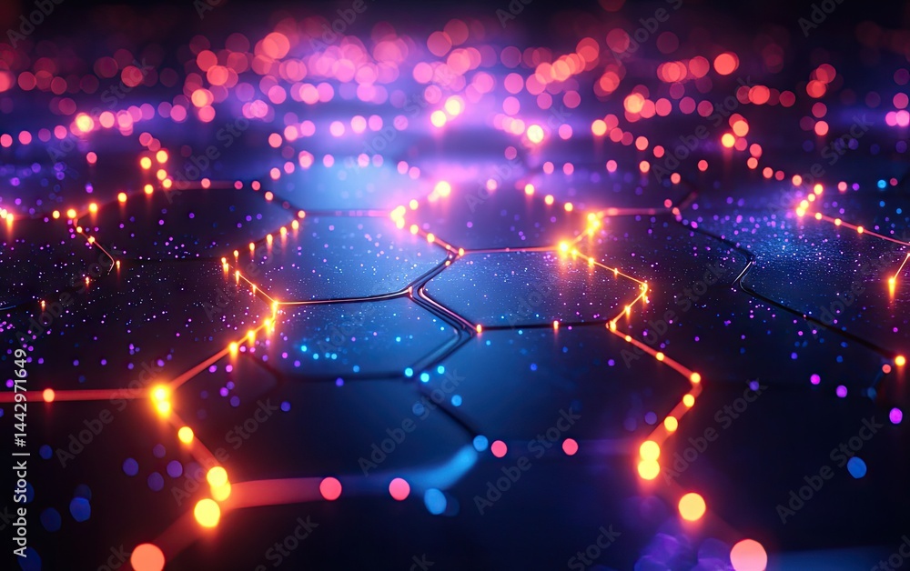 Poster abstract digital hexagonal geometric pattern with glowing lights.