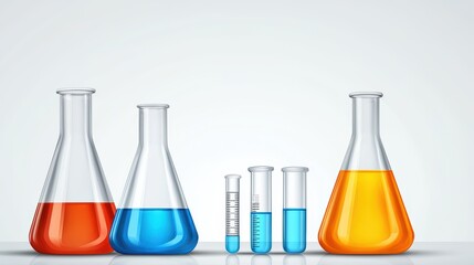 Colorful Laboratory Glassware Filled with Liquid Substances Displayed
