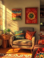Fototapeta premium Interior with Armchair Pillows Table Decor Artwork and Blinds with Sunlight Casting Shadow