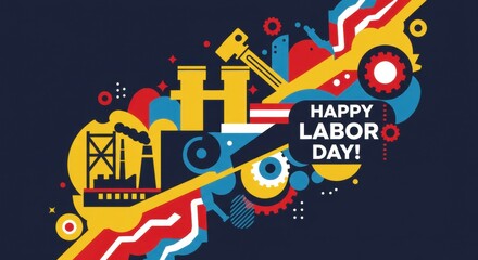 Geometric Labor Day Celebration: Industry Icons in Patriotic Colors.
