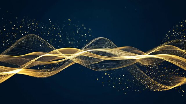 Abstract particle waves gently floating and shimmering in gold and dark navy background, smooth loop for elegant corporate presentation