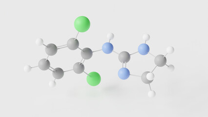 clonidine molecule 3d, molecular structure, ball and stick model, structural chemical formula antihypertensive agent