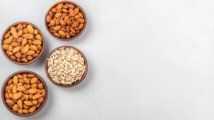 Assorted Nuts in Small Bowls on White Background for Healthy Snack