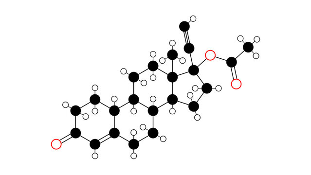 norethisterone acetate molecule, structural chemical formula, ball-and-stick model, isolated image synthetic progestin