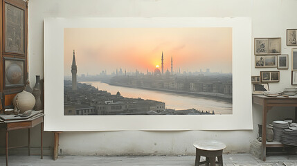 Sunrise over a cityscape with river presented in artists studio space with old furniture