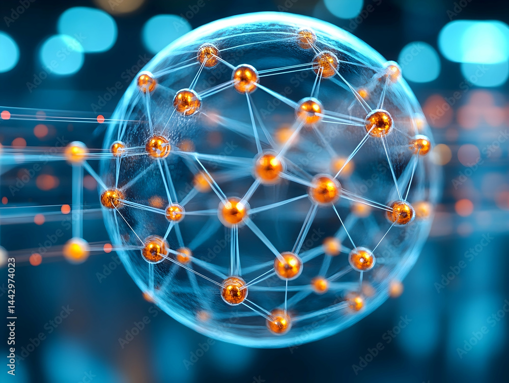 Poster 3d render of a network of interconnected nodes in a glowing sphere against a blurred blue background