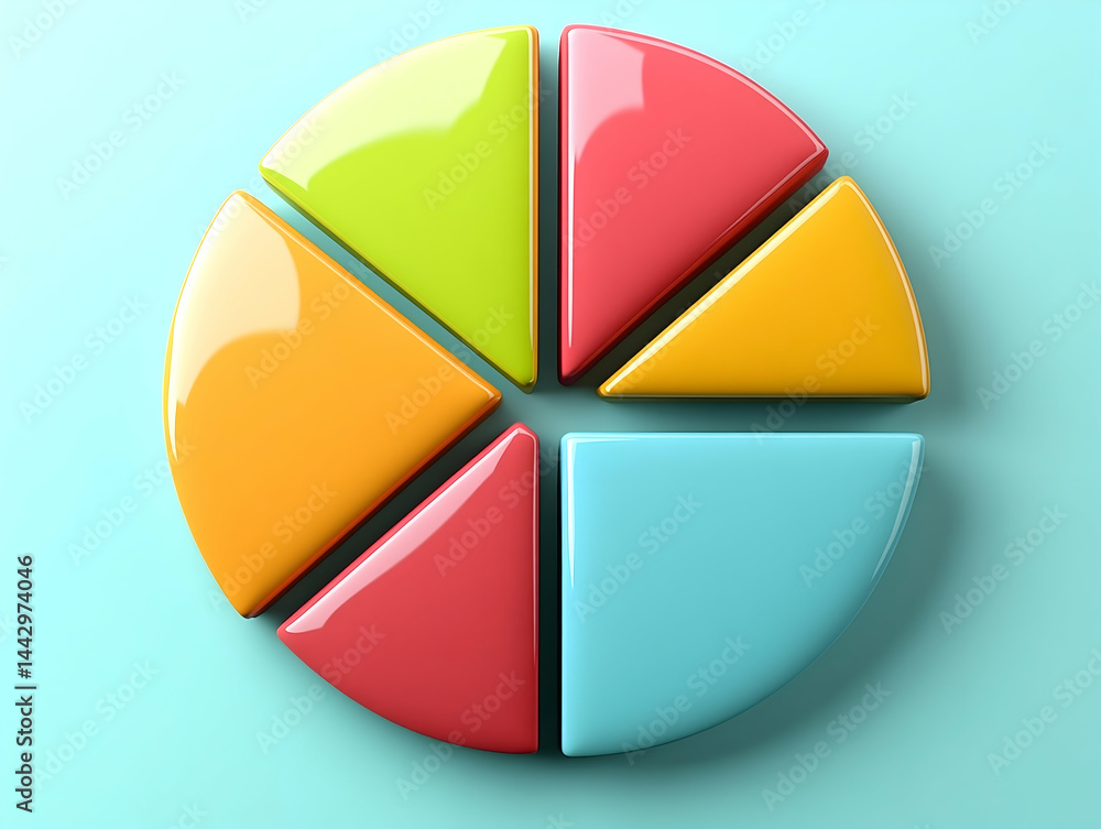Aufkleber a 3d pie chart on a blue surface shows colorful segments indicating different data segments