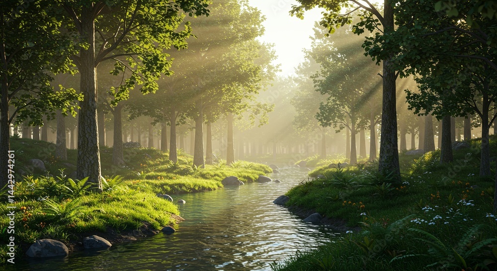 Poster A forest with a river running through it