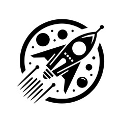 Dynamic Black and White Rocket Ship Icon in Space Circle Frame - Futuristic Tech Logo Graphic