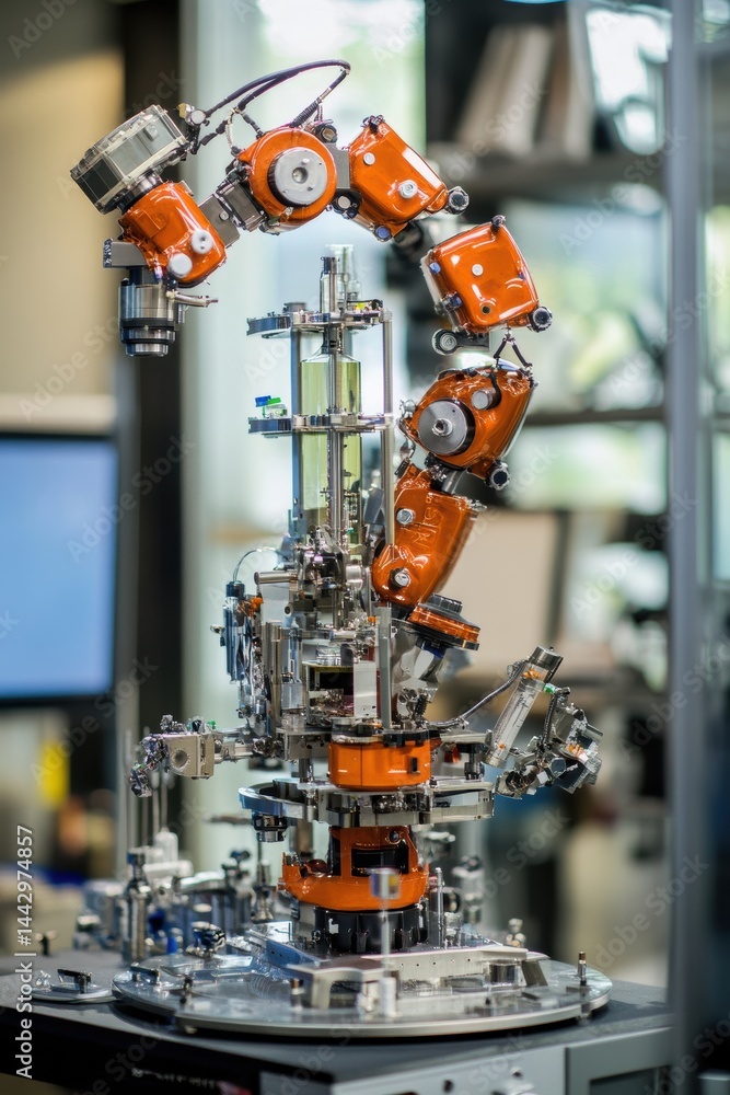 Poster sophisticated robotic arm precision instrument automation in laboratory intricate detail high tech e