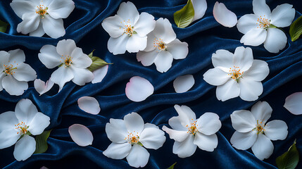 delicate white cherry blossoms on dark blue velvet