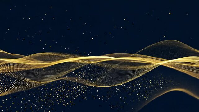 Abstract particle waves gently floating and shimmering in gold and dark navy background, smooth loop for elegant corporate presentation