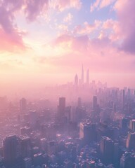 Naklejka premium Ethereal Urban Vista Pink Sky Over Futuristic Cityscape Twilight Dreamlike Skyline Aerial View