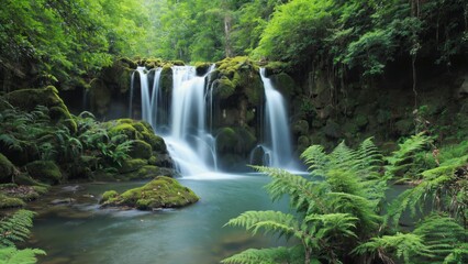 Gentle waterfall trickling down moss covered rocks into crystal clear pond surr