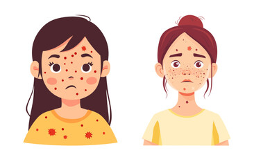 Girls with measles or chickenpox symptoms, flat vector illustration