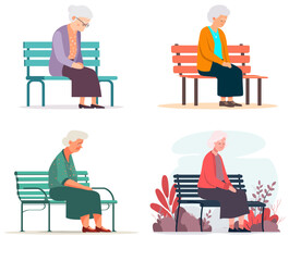 Elderly Woman Sitting Alone on Bench – Flat Vector Illustration of Loneliness