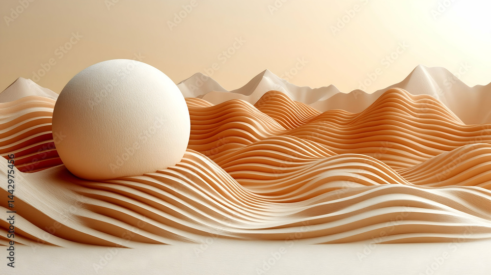 Poster a beige landscape with a large white sphere and wavy patterned hills in the background creating a mi