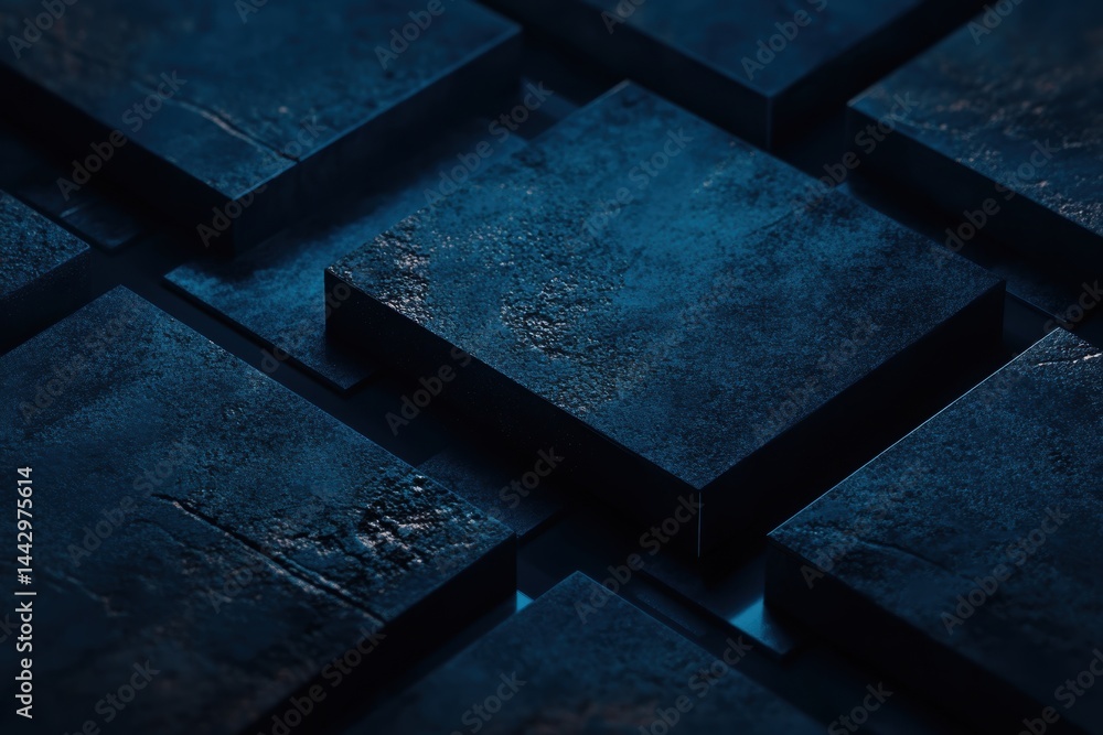 Poster dramatic dark cyan cubes arranged geometrically creating a sense of depth in high detail with strong
