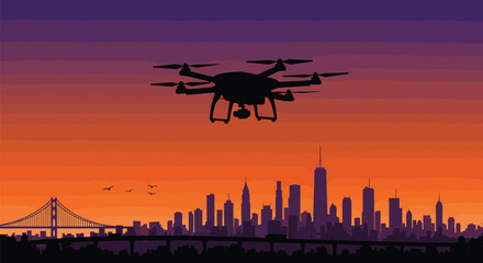 Drone Silhouette over Cityscape - Vector Art