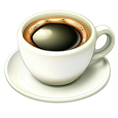 Fototapeta premium Close-up of a white ceramic cup filled with hot black coffee on a matching saucer, highlighting the dark liquid and foamy surface against a plain background