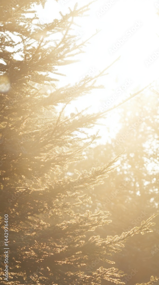 Aufkleber golden sunlight filtering through the evergreen branches creating a serene and ethereal atmosphere c