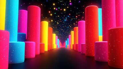 A vibrant, colorful corridor of cylindrical shapes against a starry background.