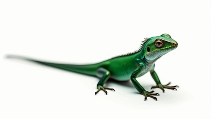 Fototapeta premium A vibrant green lizard with striking features, showcasing its intricate scales and curious expression against a white background.
