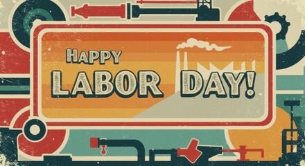 Fototapeta premium Geometric Labor Day: Factory Silhouette, Mechanical Elements, Retro Style.