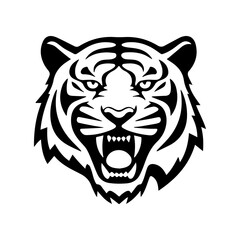 Vector illustration of a roaring tiger head in black and white, front-facing with sharp fangs and fierce eyes. Perfect for logos, tattoos, mascots, and wildlife-themed designs.
