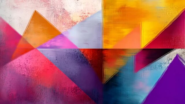 Abstract, geometric composition with overlapping triangles and vibrant color blocks