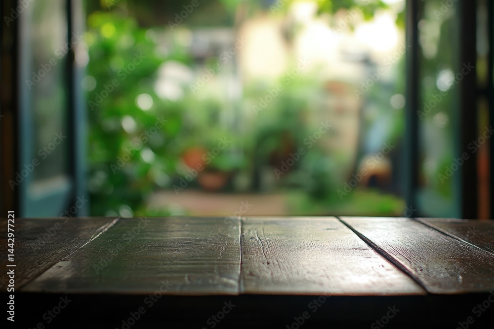 Poster rustic wooden table surface with out of focus garden bokeh background casting a warm peaceful light