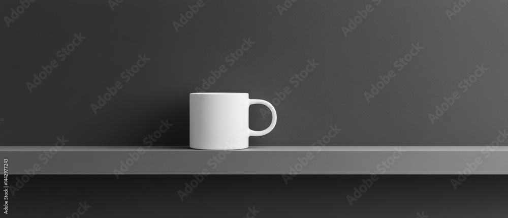 Poster White ceramic mug elegantly displayed on a gray shelf with minimalist background for clean product showcase
