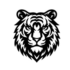 Vector illustration of a symmetrical tiger head in bold black and white lines. Perfect for logos, tattoo designs, emblems, mascots, and wildlife-themed graphics. Strong, fierce, and powerful look.