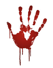 Realistic red bloody human hand print - horror, halloween, crime illustration isolated on transparent background