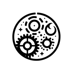 Cosmic Gears and Celestial Elements Icon: Black & White Graphic Symbol of Universe Mechanism