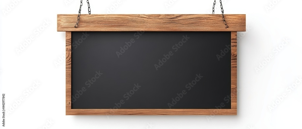 Aufkleber hanging wooden chalkboard with rustic frame and metal chain on white backdrop perfect for your messa
