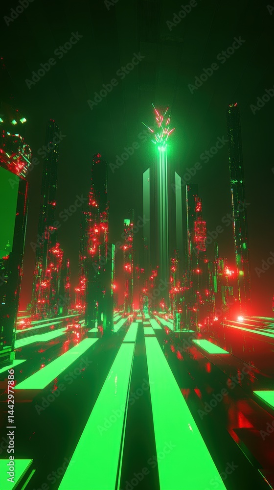 Poster neon future cityscape with glowing towers and light streams capturing sci fi innovation and technolo