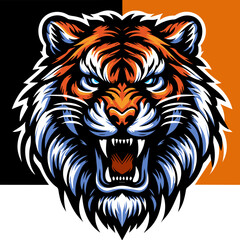 Vibrant vector illustration of a roaring tiger head with sharp details and bold colors. Perfect for logos, sports emblems, tattoos, and fierce animal-themed designs.