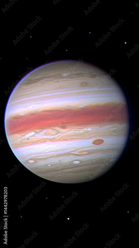 Poster a celestial body with swirling bands visible storms and a dark background with small bright points o