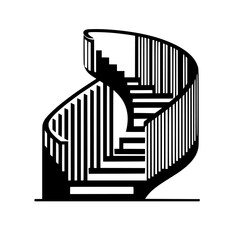 Minimalist Black and White Spiral Staircase Illustration with Geometric Railings