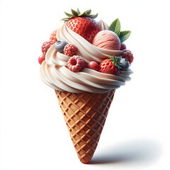 Realistic ice cream scoop with waffle cone isolated on white background for dessert or summer concept designs