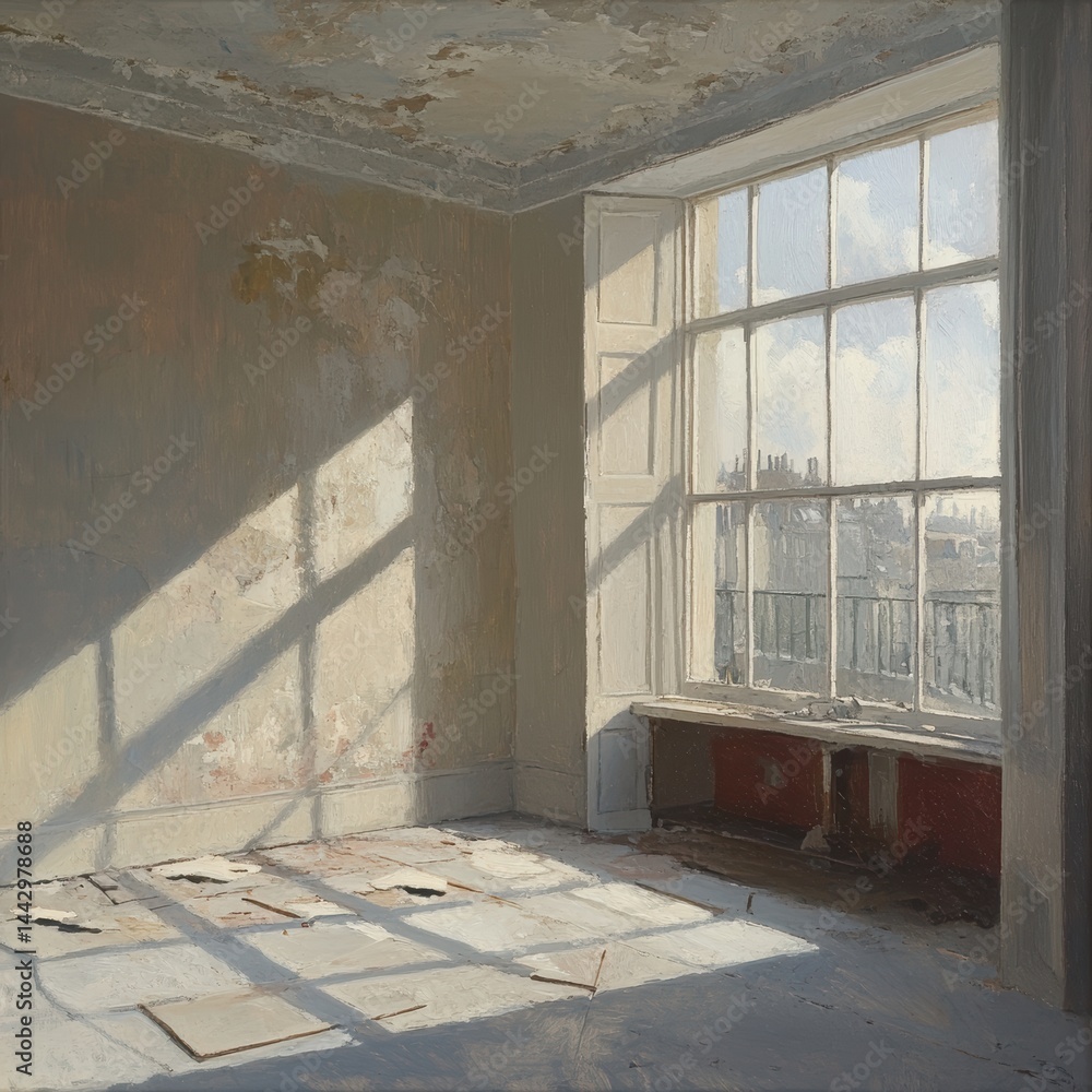 Poster sunlit interior of abandoned room with large window overlooking a distant cityscape in painting styl