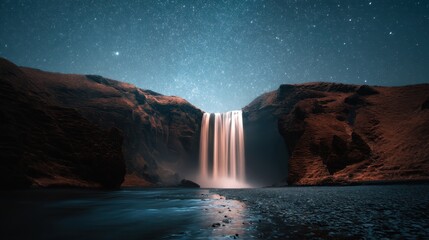 Majestic waterfall cascading under a starry night sky in a serene landscape with a tranquil river reflecting the celestial glow creating a peaceful and dreamy atmosphere