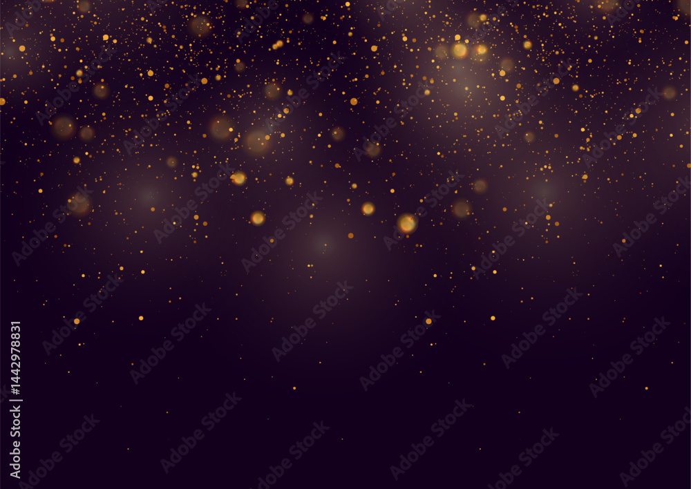Poster golden shiny sparkling particles with bokeh lights abstract holiday background. vector graphic desig